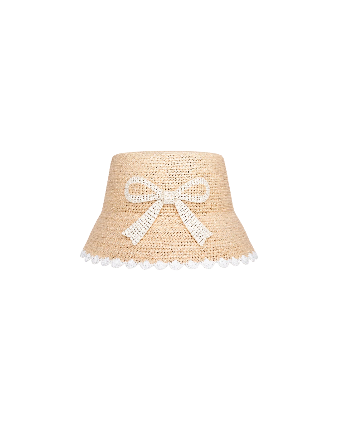 A straw bucket hat with a woven white bow and scalloped white edge