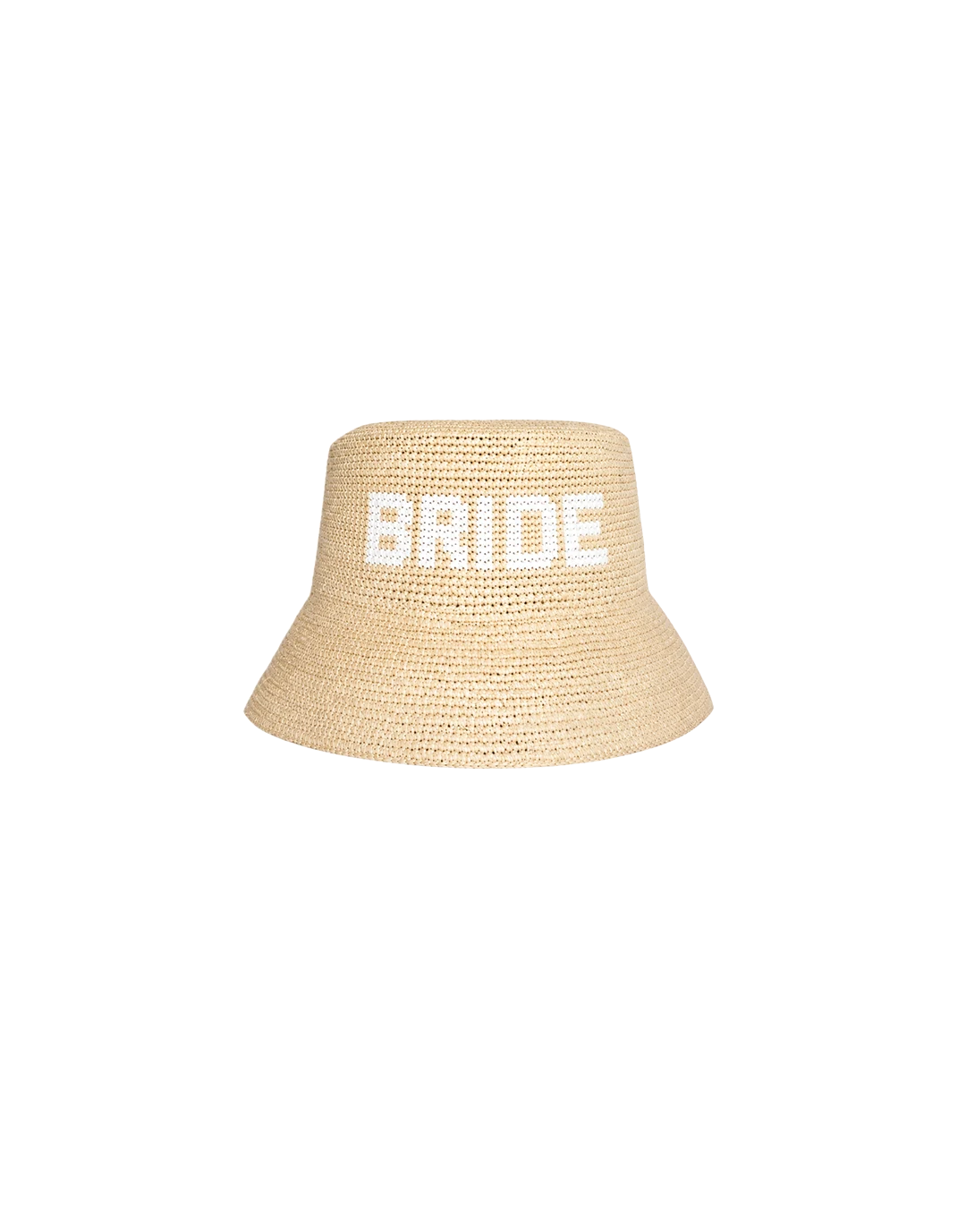 A straw bucket hat woven with BRIDE in white