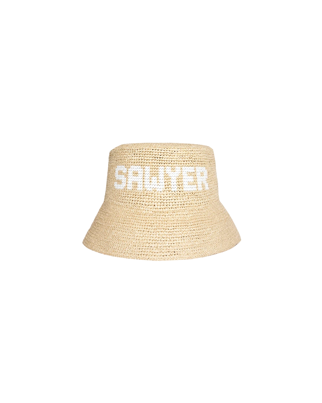 A straw bucket hat woven with the name SAWYER in white