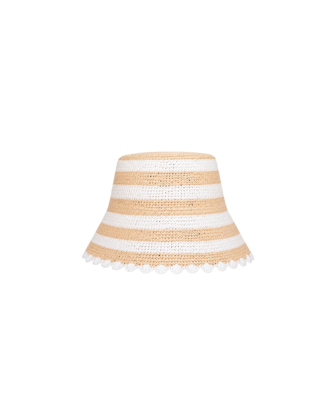 A straw bucket hat in white and natural stripes with a scalloped white edge