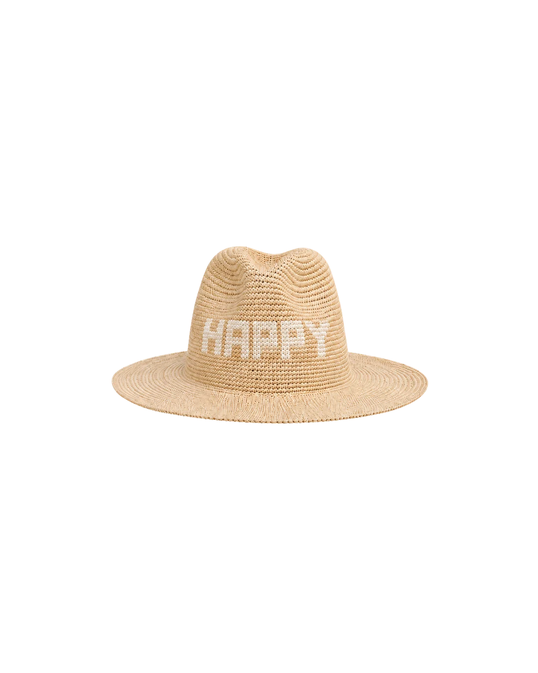 A natural straw Panama hat woven with HAPPY in white