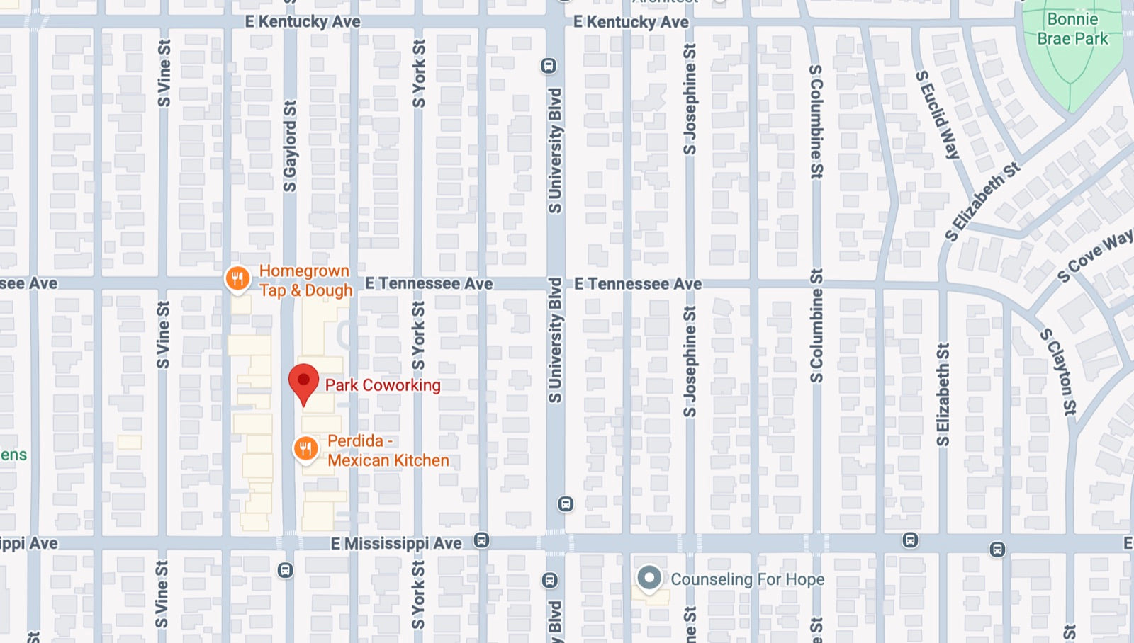 Map showing Park Coworking at 1040 S Gaylord St, Denver, CO 80209